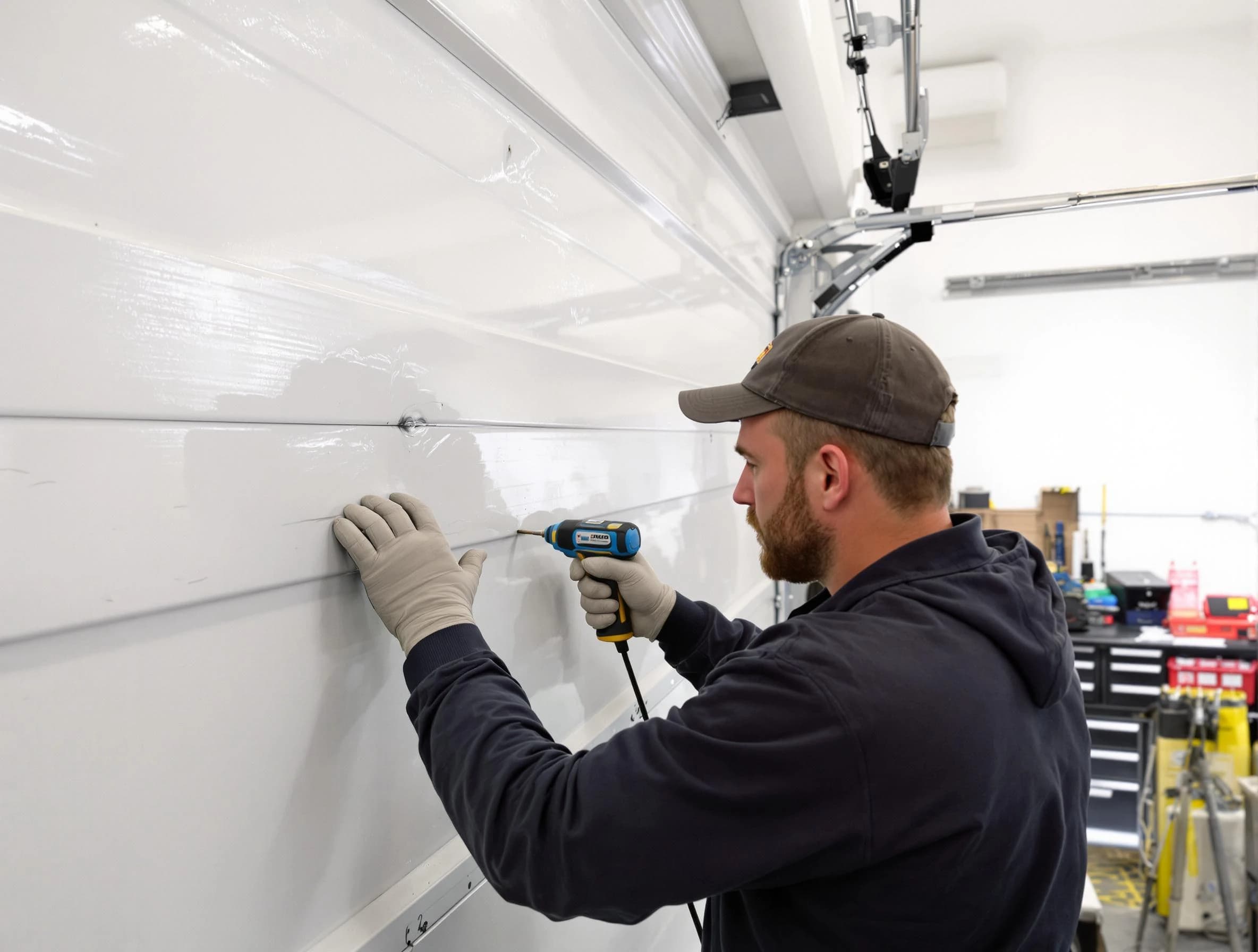 Middleborough Garage Door Repair technician demonstrating precision dent removal techniques on a Middleborough garage door
